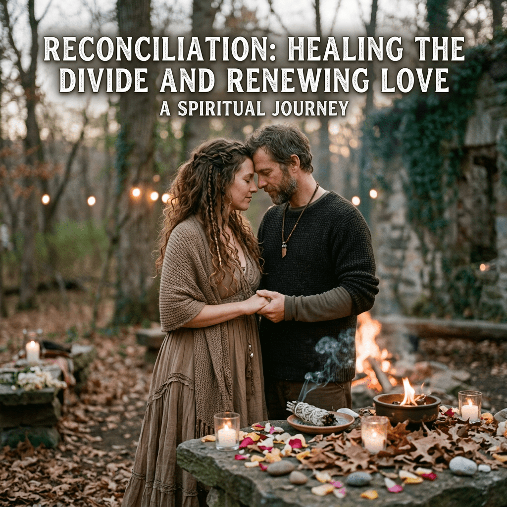 Couple holding hands with heads touching during outdoor spiritual ritual with candles and fire