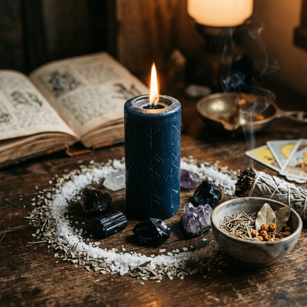 Lit dark blue candle with runes encircled by crystals, salt, and herbs on wooden surface