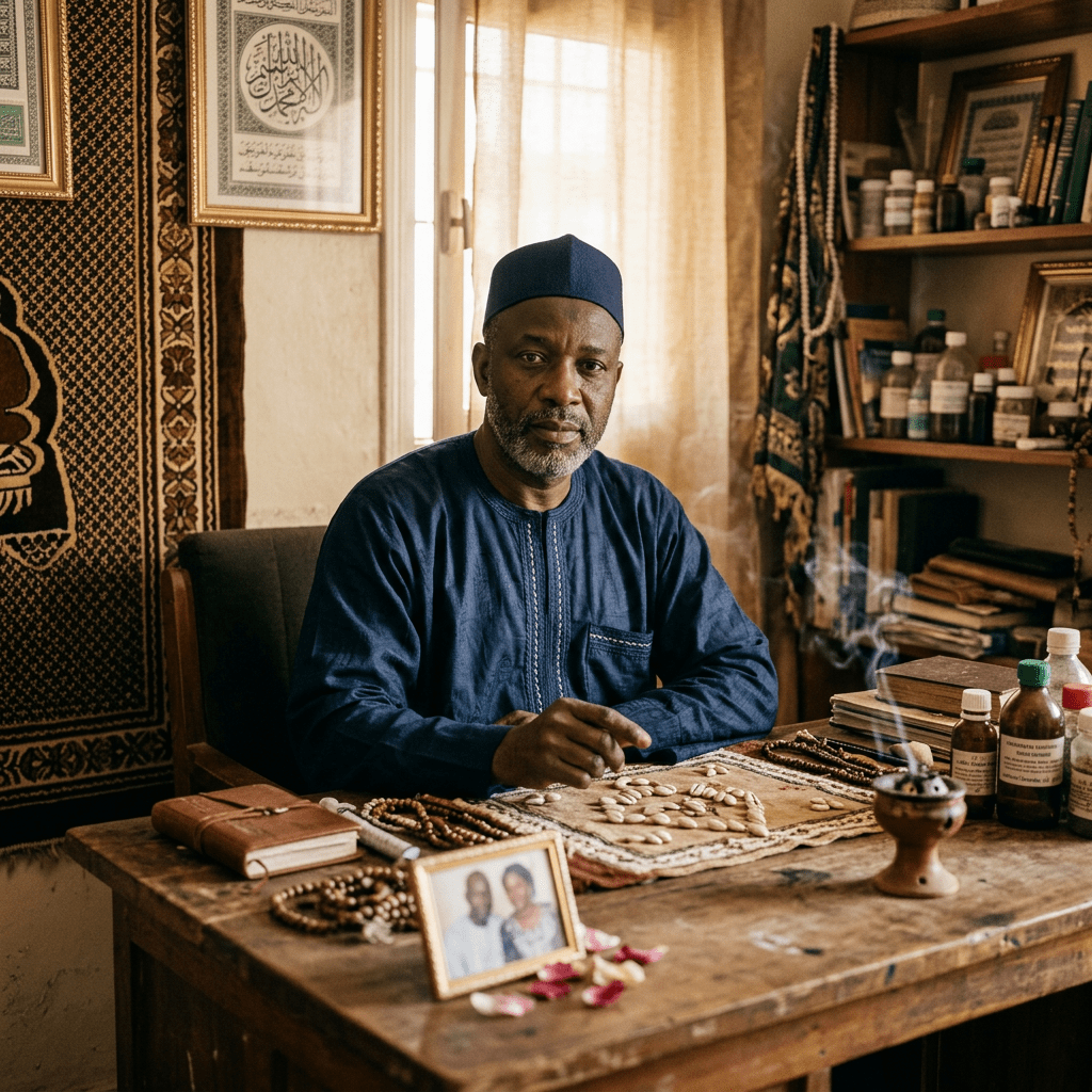 Man in traditional clothing seated at desk with prayer beads, bottles, and framed photo