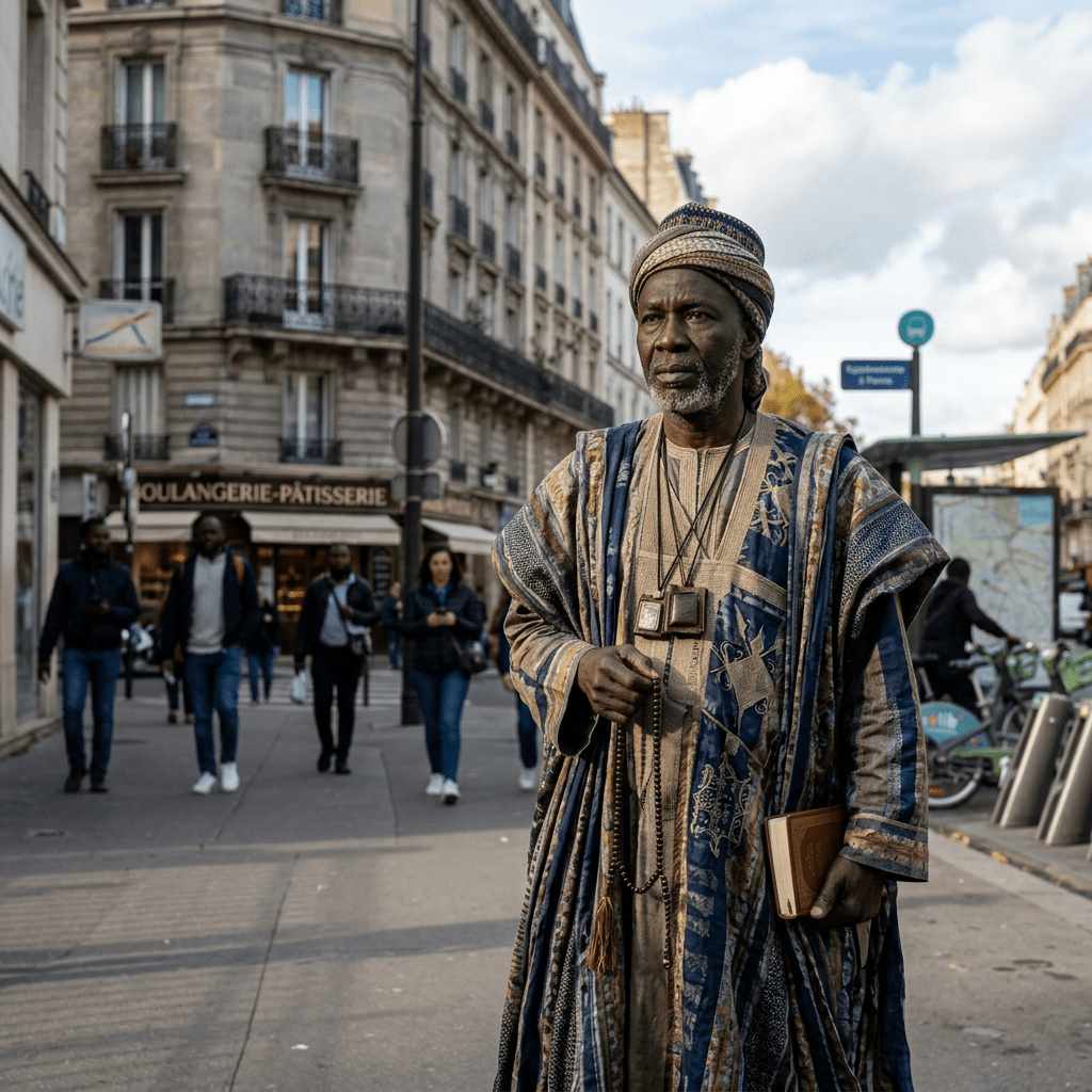 Man in traditional African attire holding a book and prayer beads on a city sidewalk