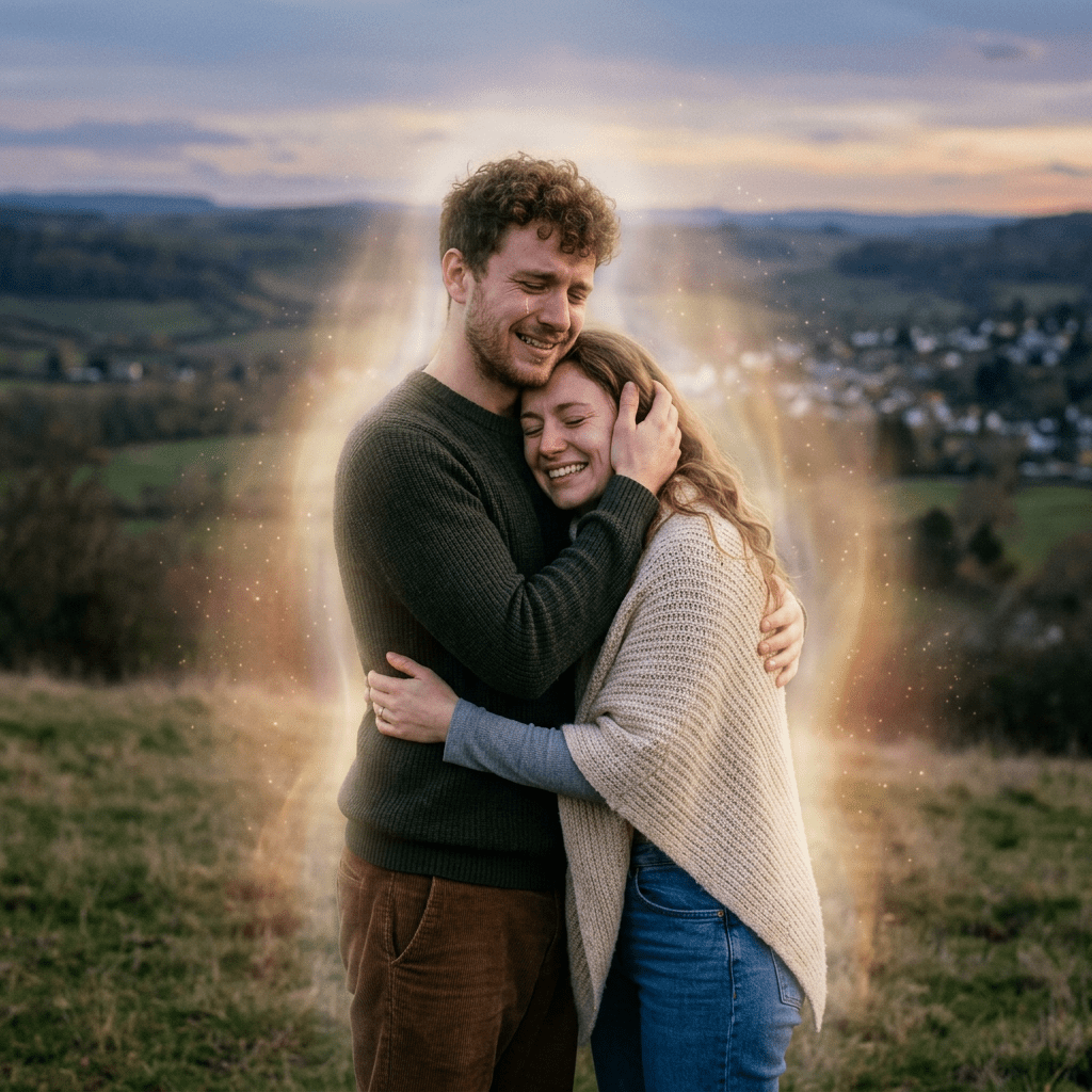 Couple hugging outdoors with emotional expressions and countryside background