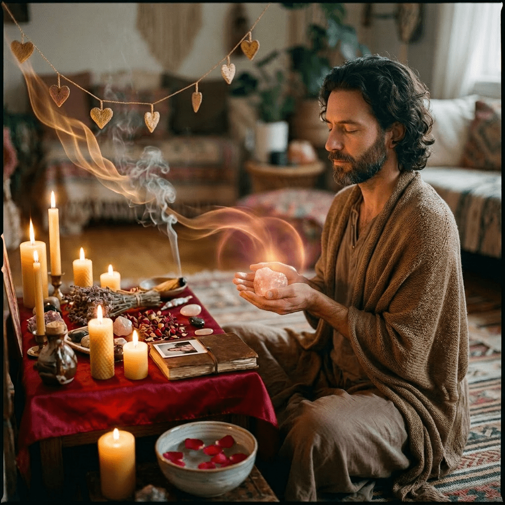 Woman holding a glowing crystal near lit candles and incense on a red cloth-covered table