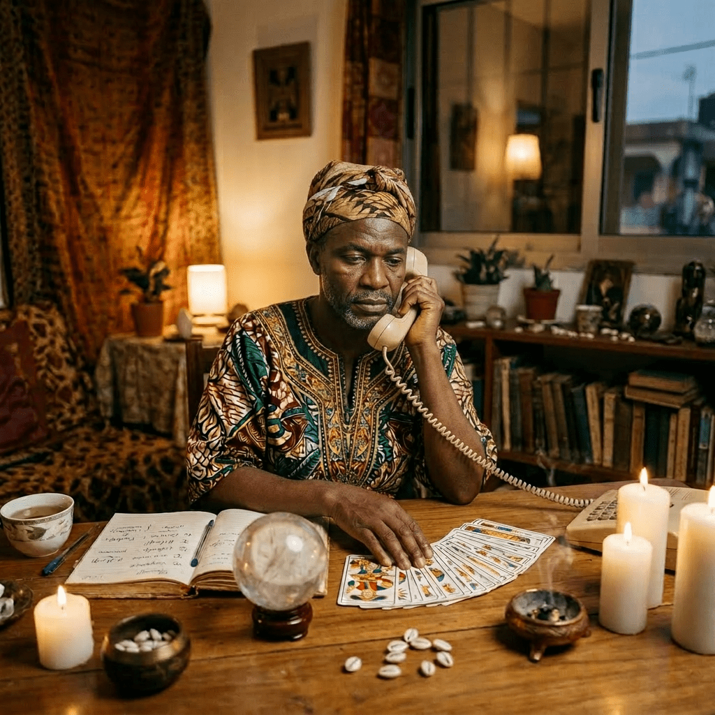 Woman in traditional clothing using tarot cards and crystal ball during phone consultation
