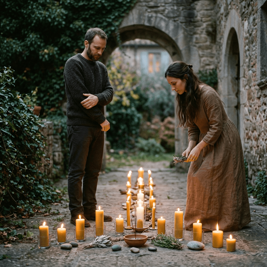 Two people arranging lit candles and herbs on a stone path outdoors next to stone walls and greenery