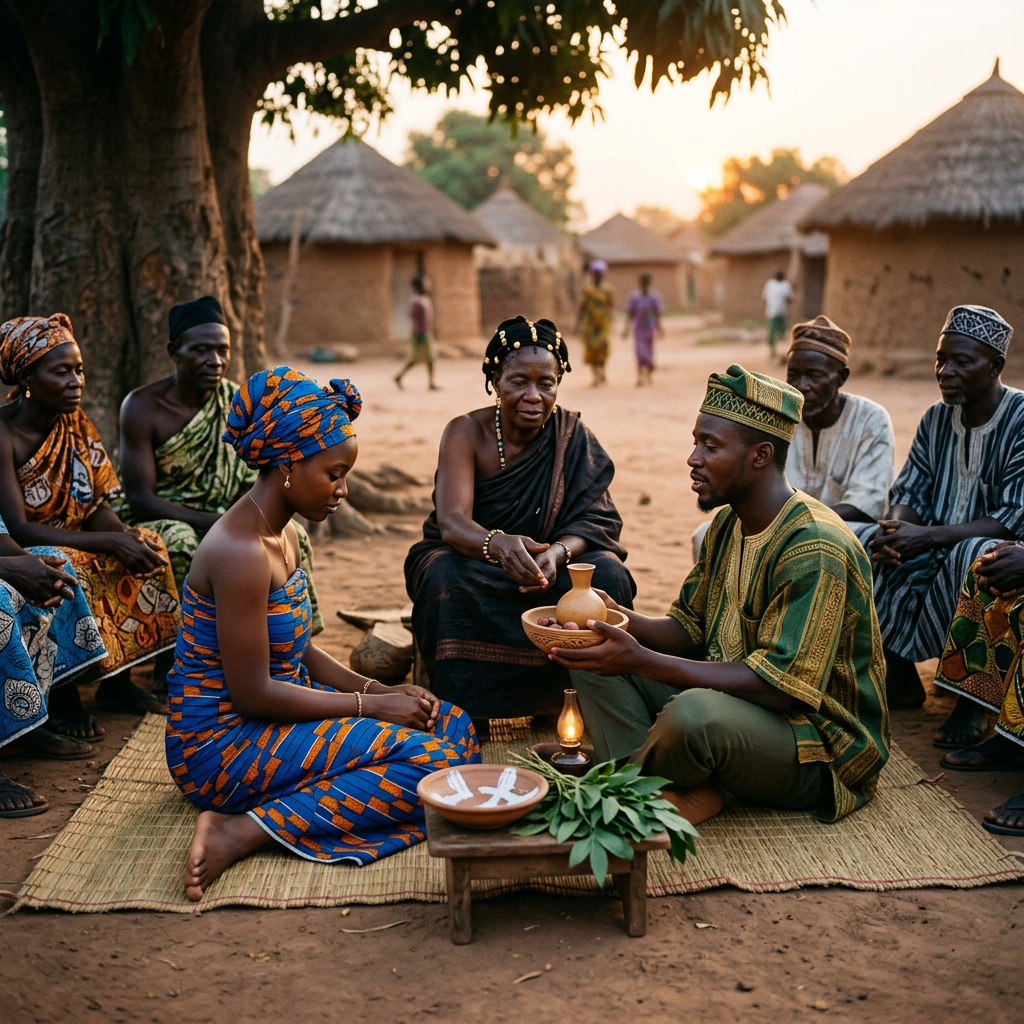 African community performing a traditional ceremony with ceremonial items outdoors