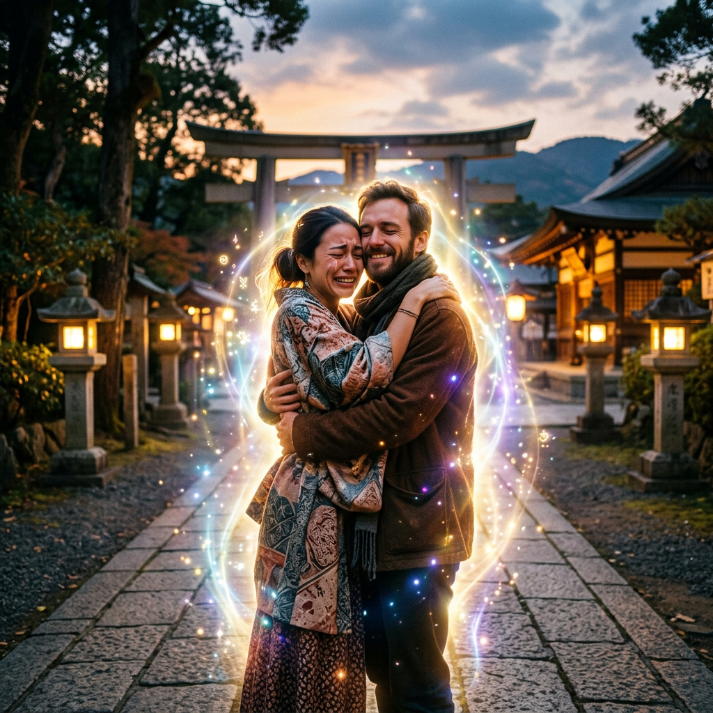 Couple emotionally hugging with colorful glowing light effects at a Japanese shrine pathway.