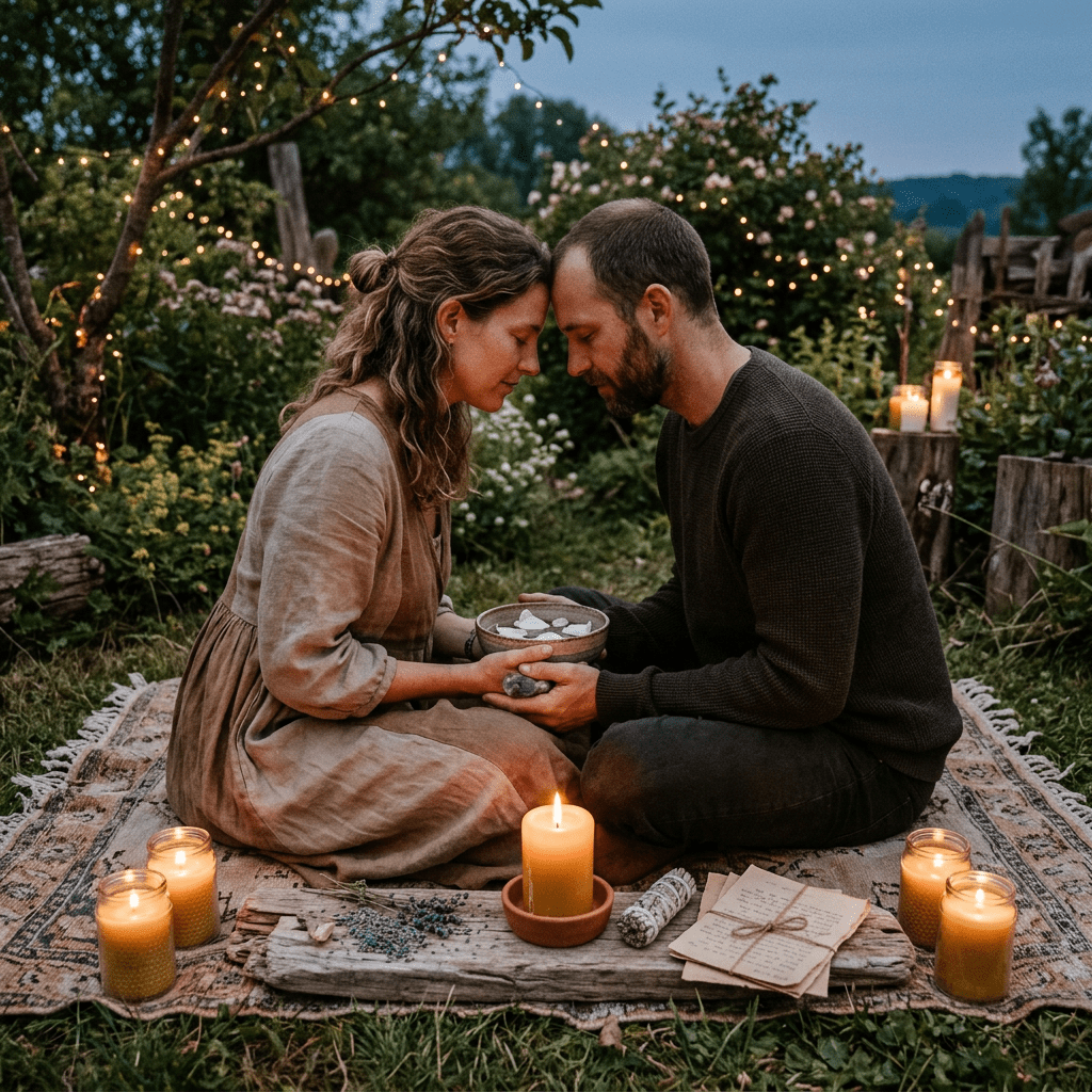 Couple sitting on a rug outdoors with candles, gently touching foreheads and holding a bowl with flower petals
