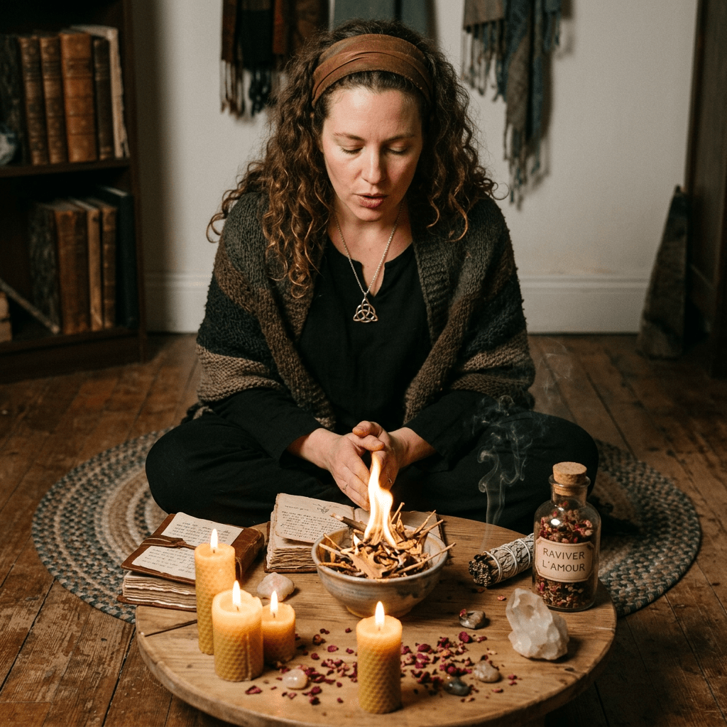 Woman sitting cross-legged with burning bowl, candles, ancient books, herbs, and crystals on wooden table