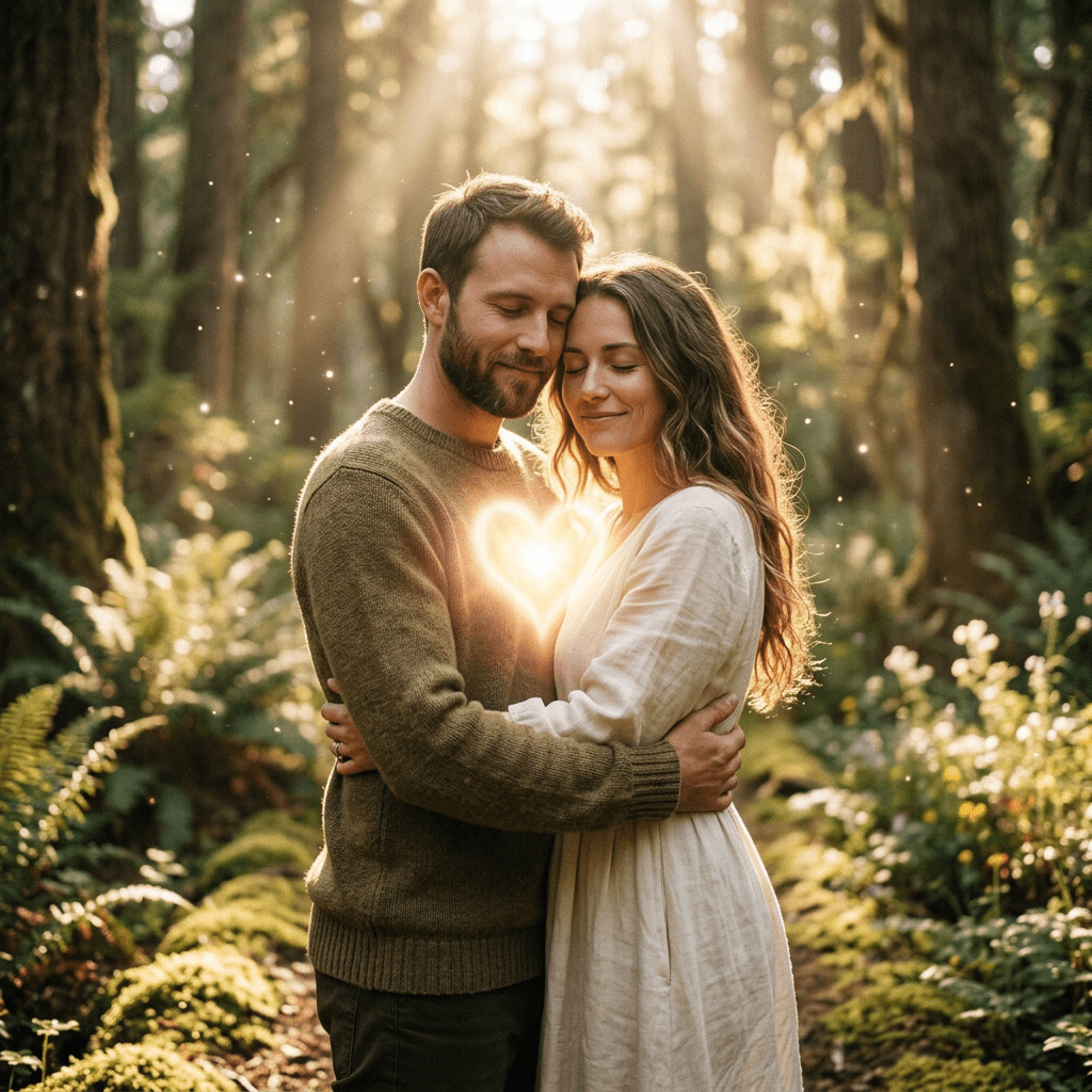 Couple embracing in forest with glowing heart between them