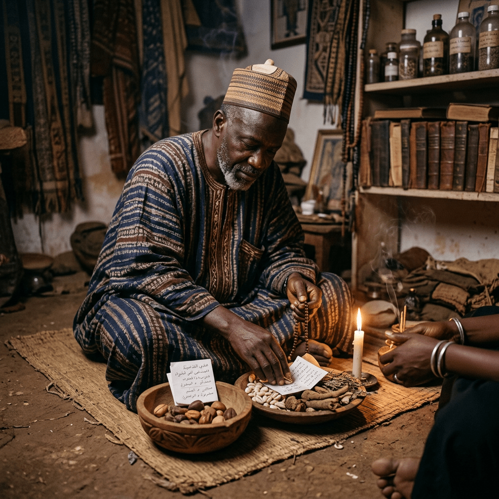 Traditional healer sitting on mat with herbs, notes, and candle