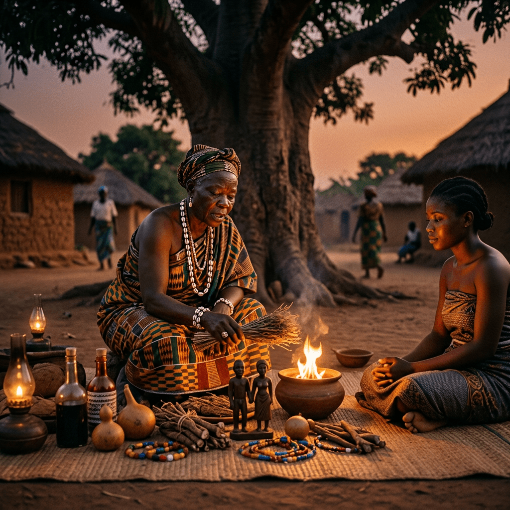 Elder African woman in traditional attire conducting a spiritual ritual with a younger woman outdoors by a fire