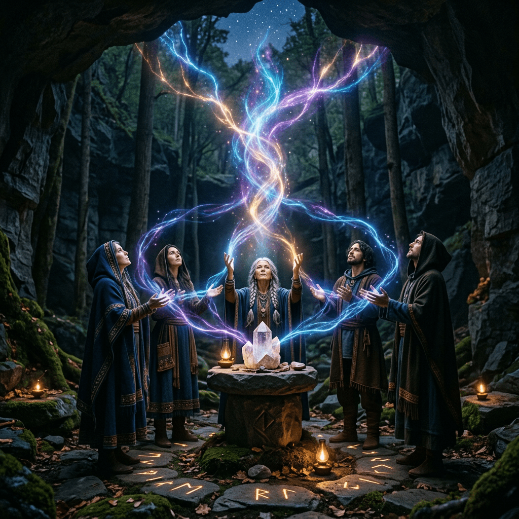 Five people in robes standing in a forest cave performing a ritual with magical energy flowing above a crystal.
