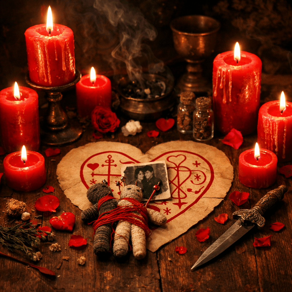 Love spell ritual with red candles, tied dolls, and a photo of a couple on a heart-shaped paper with symbols