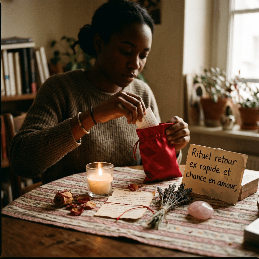 Woman placing a note in a red pouch at a ritual setup with candle, herbs, and a stone