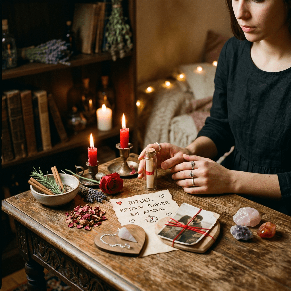 Woman holding a small bottle surrounded by candles, rose, dried petals, herbs, crystals, and handwritten note for a love ritual