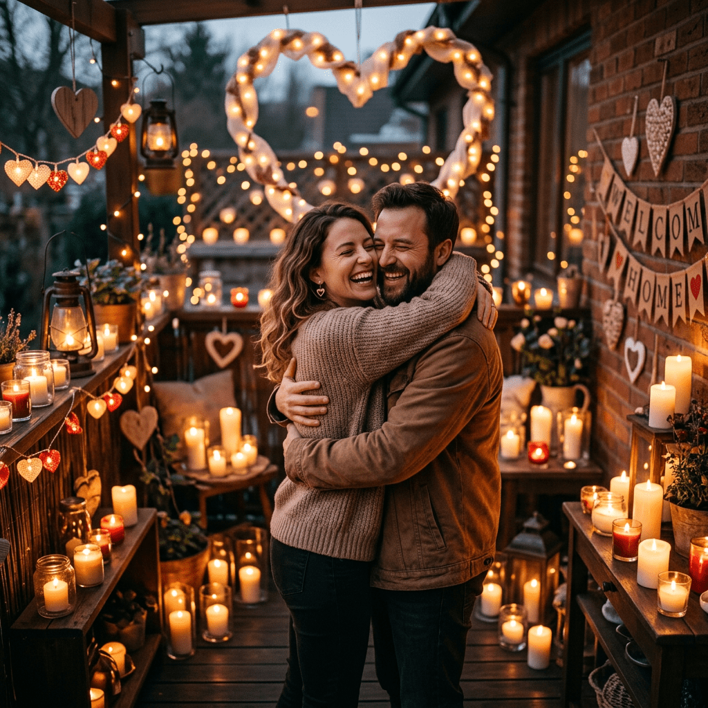 Couple hugging on balcony decorated with candles and heart-shaped lights