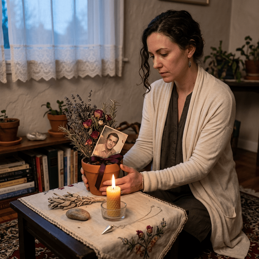 Woman holding a flower pot with dried flowers, a black-and-white photo of a man, and a ribbon, sitting at a table with a lit candle and other small objects