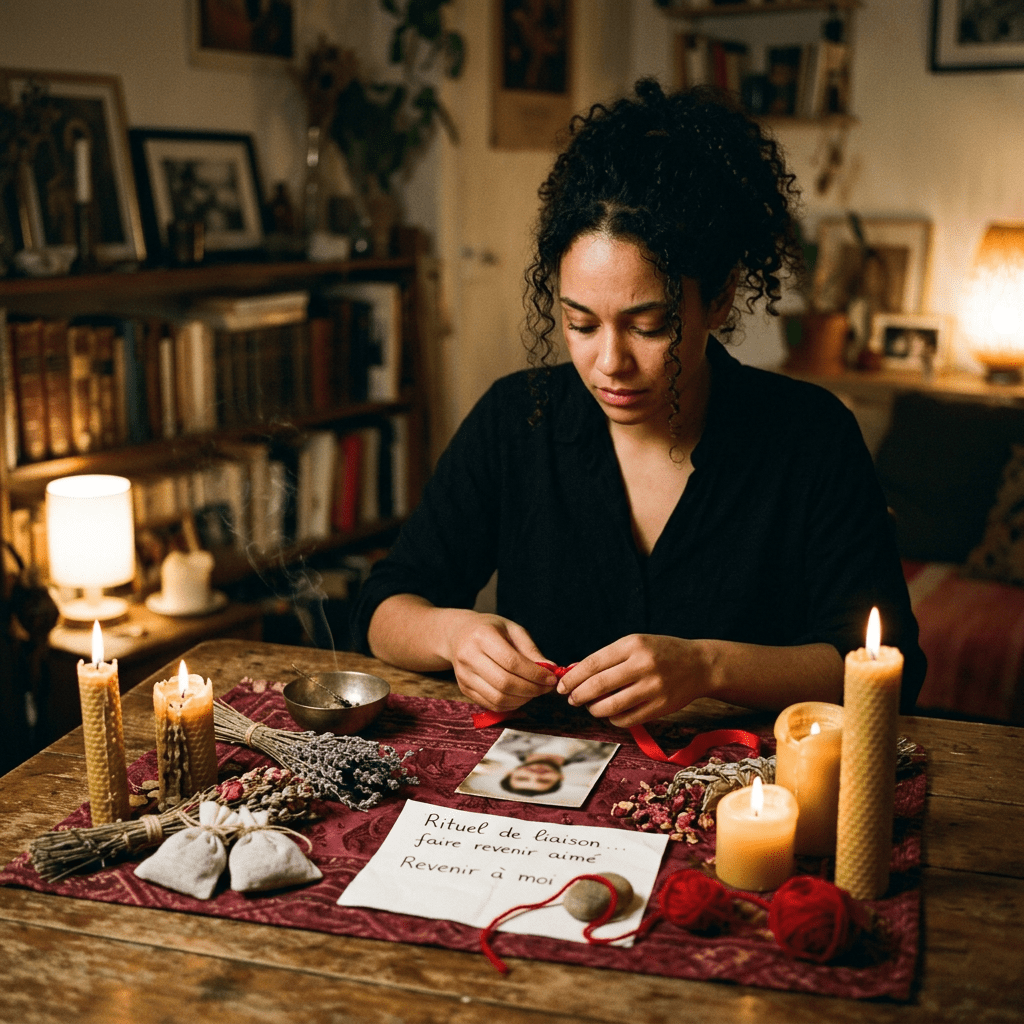 Woman arranging red ribbon for love ritual with candles and herbs