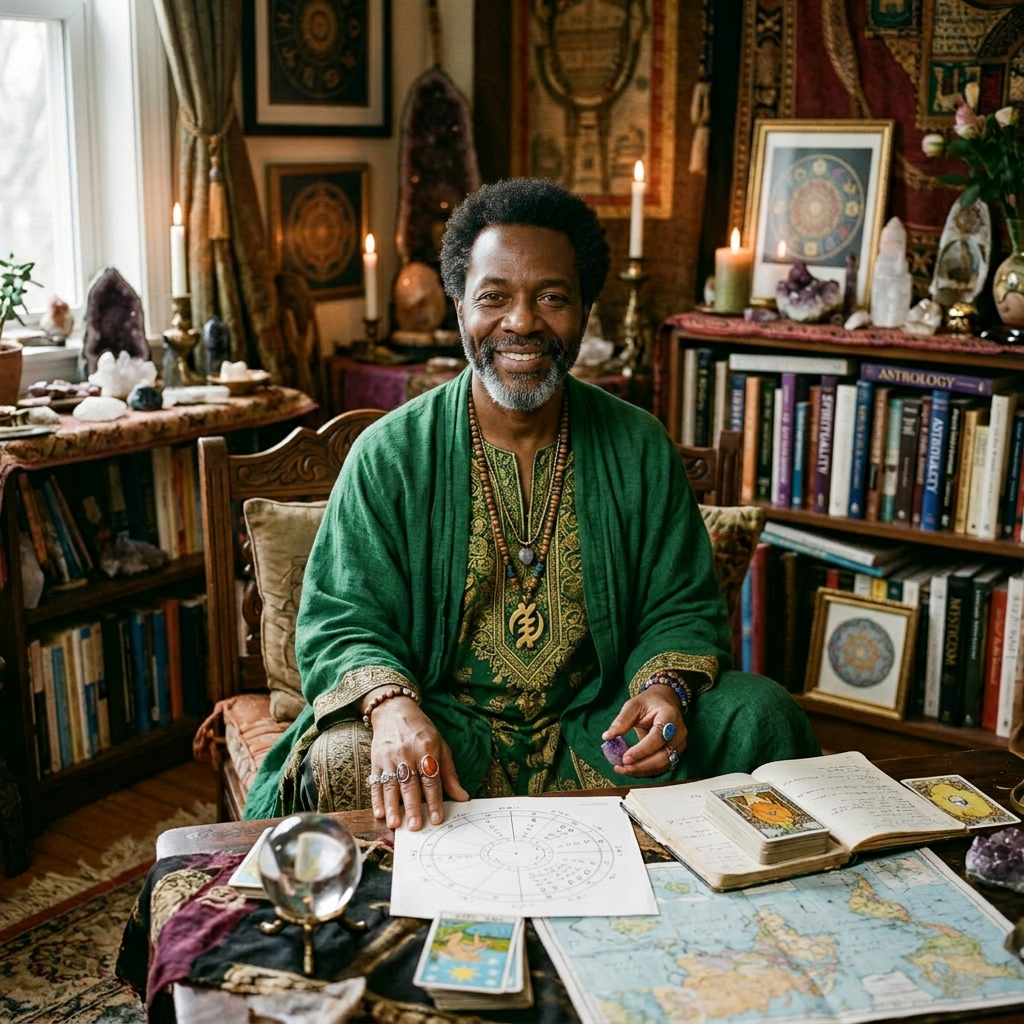 Woman with crystals and astrology chart in mystical room