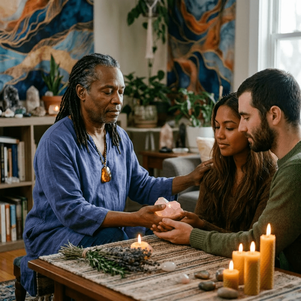 A spiritual healer holding a pink crystal over a couple's hands during a healing session